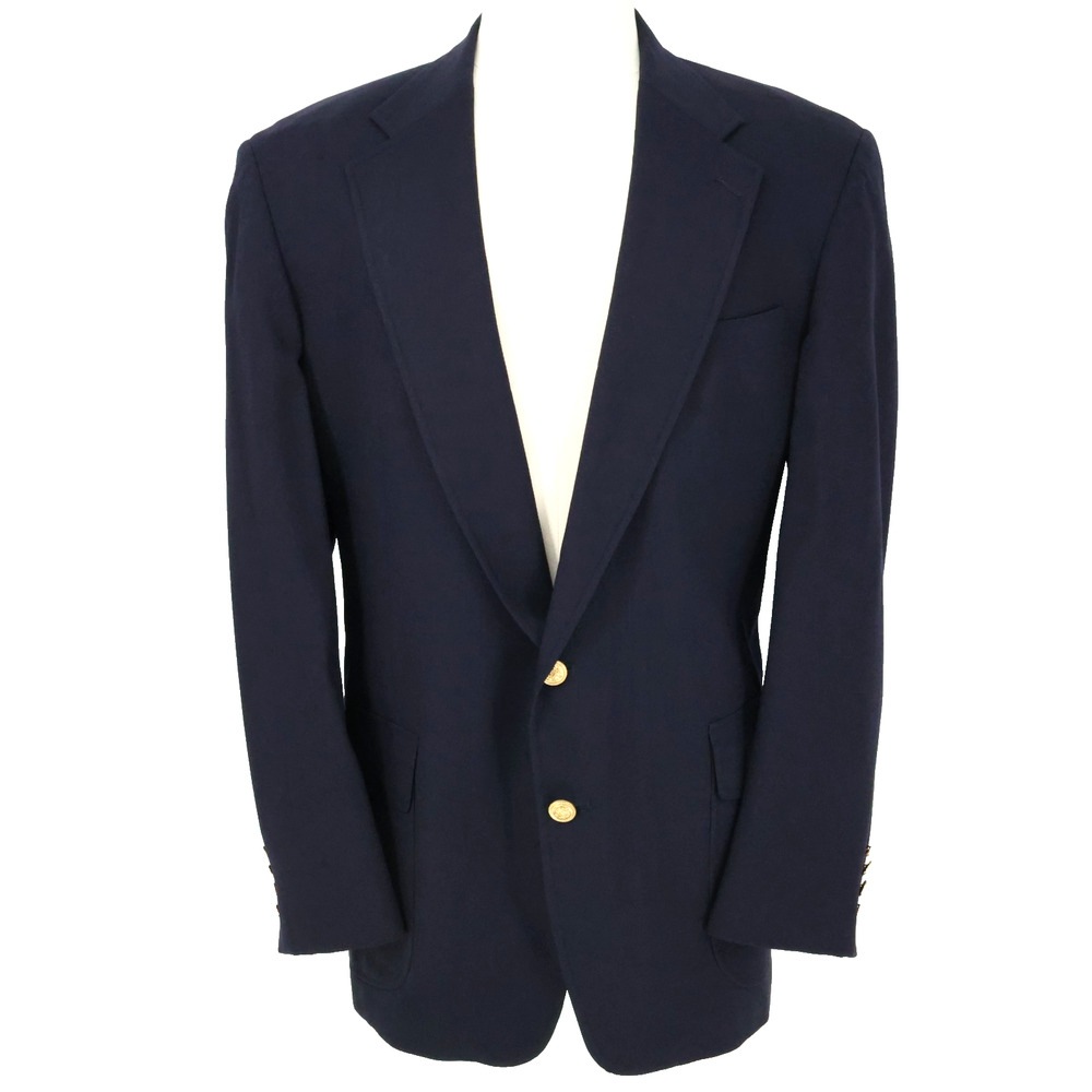 Lands End Blazer Sport Coat Mens 46L Navy Blue Wool Jacket Lined Single Vent